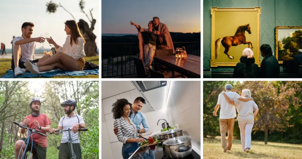 dates ideas including couple having a picnic in park, couple star gazing, couple cooking, couple bike riding, couple nature walking