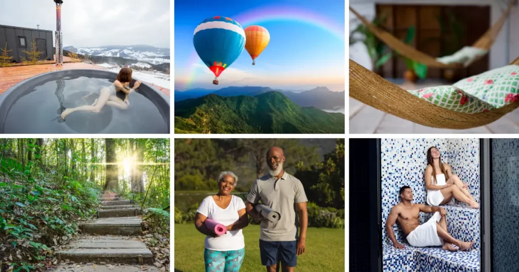 hot tub, hot air balloons, couple with yoga mats, couple in sauna - all relaxing date ideas
